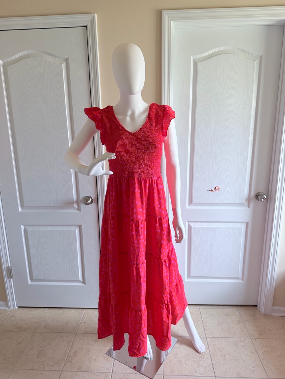NWT Women’s Trendy Red/Pink Y2K Maxi Dress with Smocked Bodice Size S